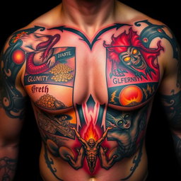 A chest tattoo inspired by Dante's Inferno, divided into seven sections, each representing a deadly sin