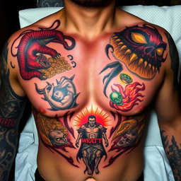 A chest tattoo inspired by Dante's Inferno, divided into seven sections, each representing a deadly sin