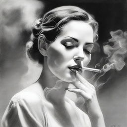 A black and white pencil sketch of a woman in the act of smoking