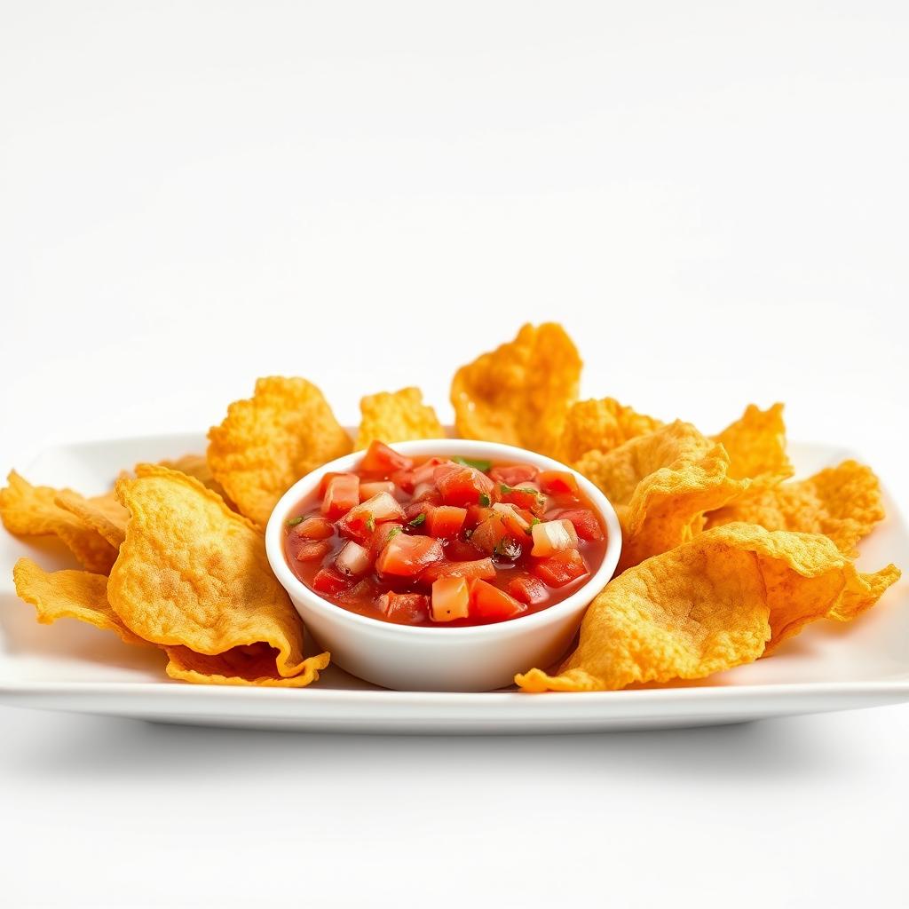 A visually appealing arrangement of crispy kangkong chips served on a sleek white plate, accompanied by a small bowl of vibrant red salsa dip