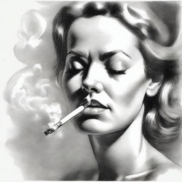 A black and white pencil sketch of a woman in the act of smoking