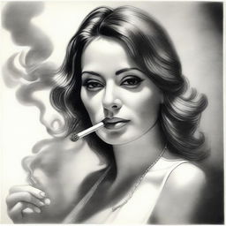 A black and white pencil drawing that beautifully captures a confident woman smoking