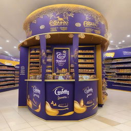 An elegantly adorned Cadbury chocolate stand at a supermarket with Ramadan-inspired motifs. This curvy, Islamic-shaped stand showcases shelves of delectable treats bathed in warm light and adorned with Ramadan lanterns, setting up a festive atmosphere.