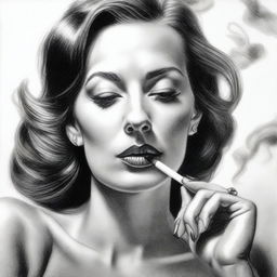 A black and white pencil drawing that beautifully captures a confident woman smoking