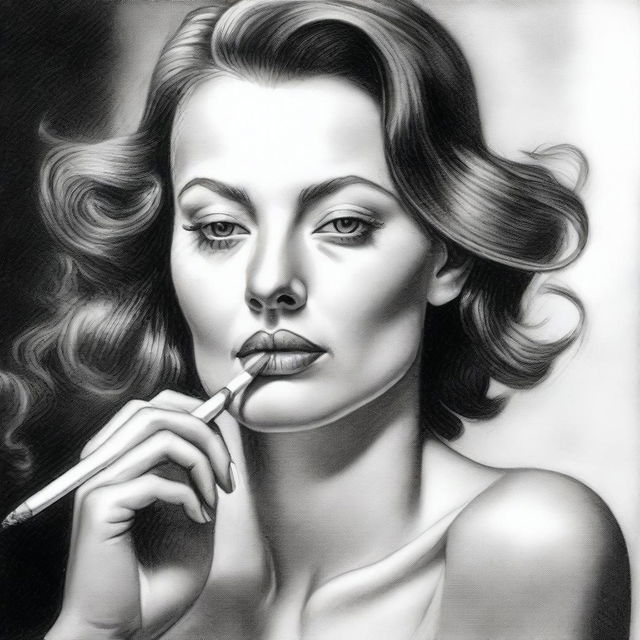 A black and white pencil drawing that beautifully captures a confident woman smoking