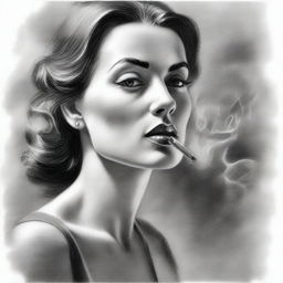 A black and white pencil drawing that beautifully captures a confident woman smoking