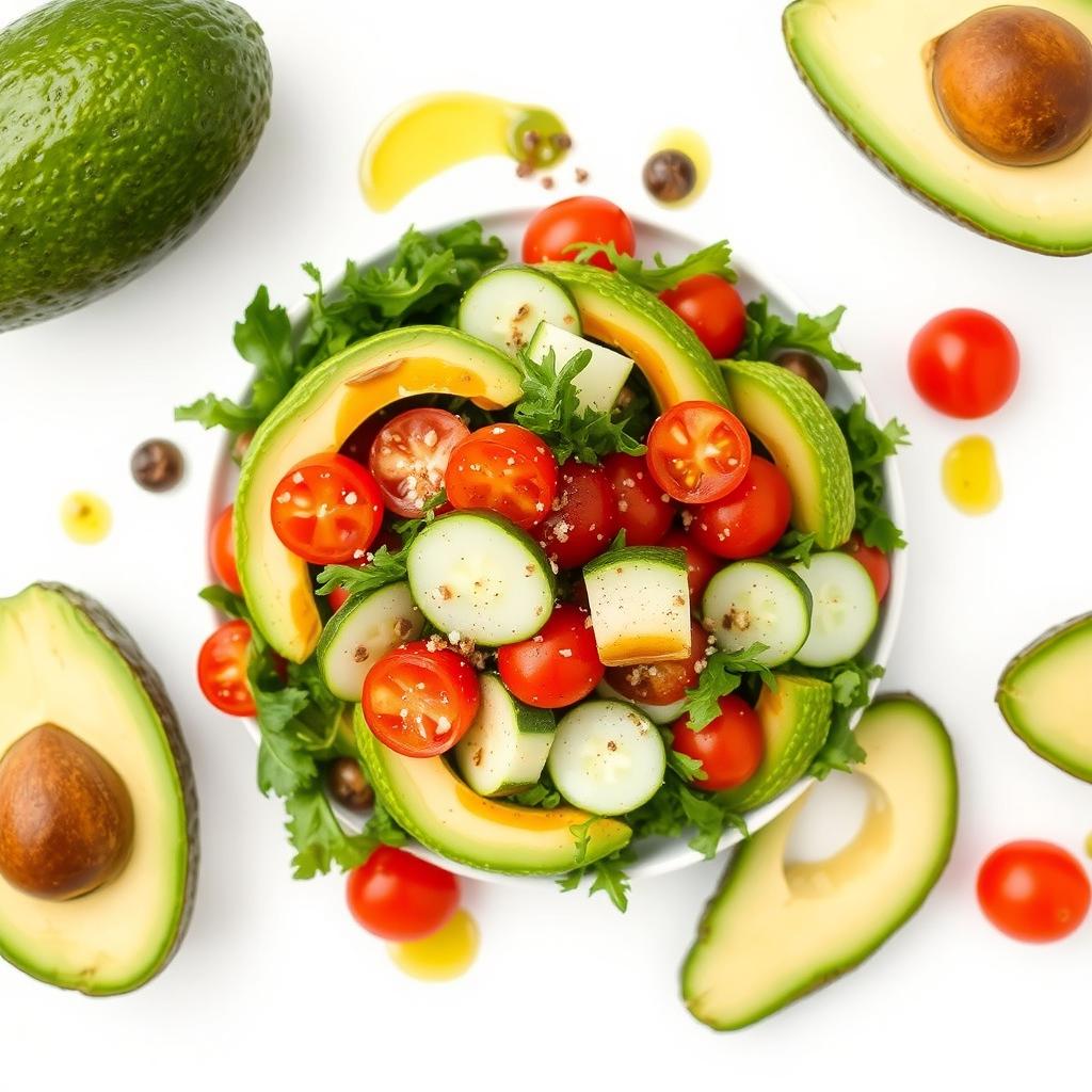 A fresh avocado salad beautifully arranged on a pristine white background