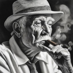 A black and white pencil drawing portraying an old man smoking a cigar