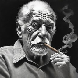 A black and white pencil drawing portraying an old man smoking a cigar