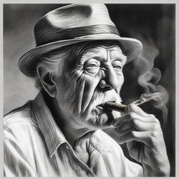 A black and white pencil drawing portraying an old man smoking a cigar