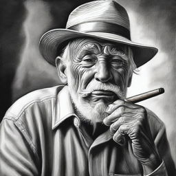 A black and white pencil drawing portraying an old man smoking a cigar