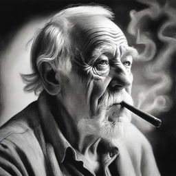 A black and white pencil drawing that vividly depicts an old man smoking a pipe