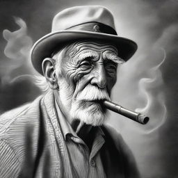 A black and white pencil drawing that vividly depicts an old man smoking a pipe