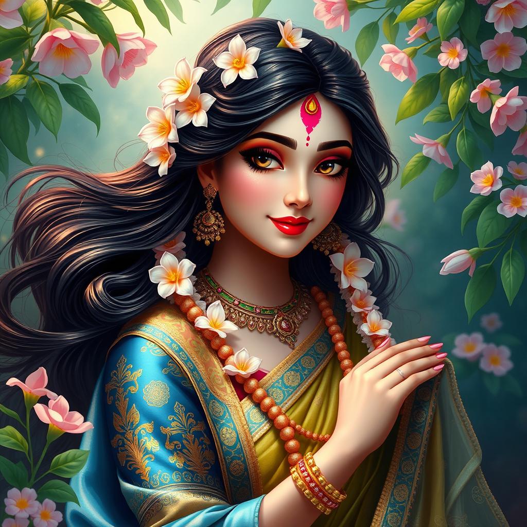 An artistic interpretation of Radha Rani, the divine goddess, depicted in a vibrant, colorful traditional Indian attire