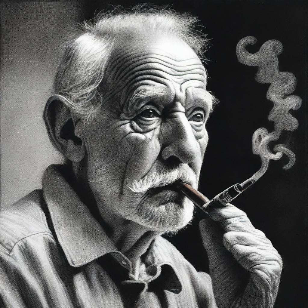 A black and white pencil drawing that vividly depicts an old man smoking a pipe