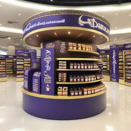 An elegantly adorned Cadbury chocolate stand at a supermarket with Ramadan-inspired motifs. This curvy, Islamic-shaped stand showcases shelves of delectable treats bathed in warm light and adorned with Ramadan lanterns, setting up a festive atmosphere.