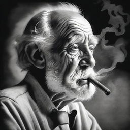 A black and white pencil drawing that vividly depicts an old man smoking a pipe