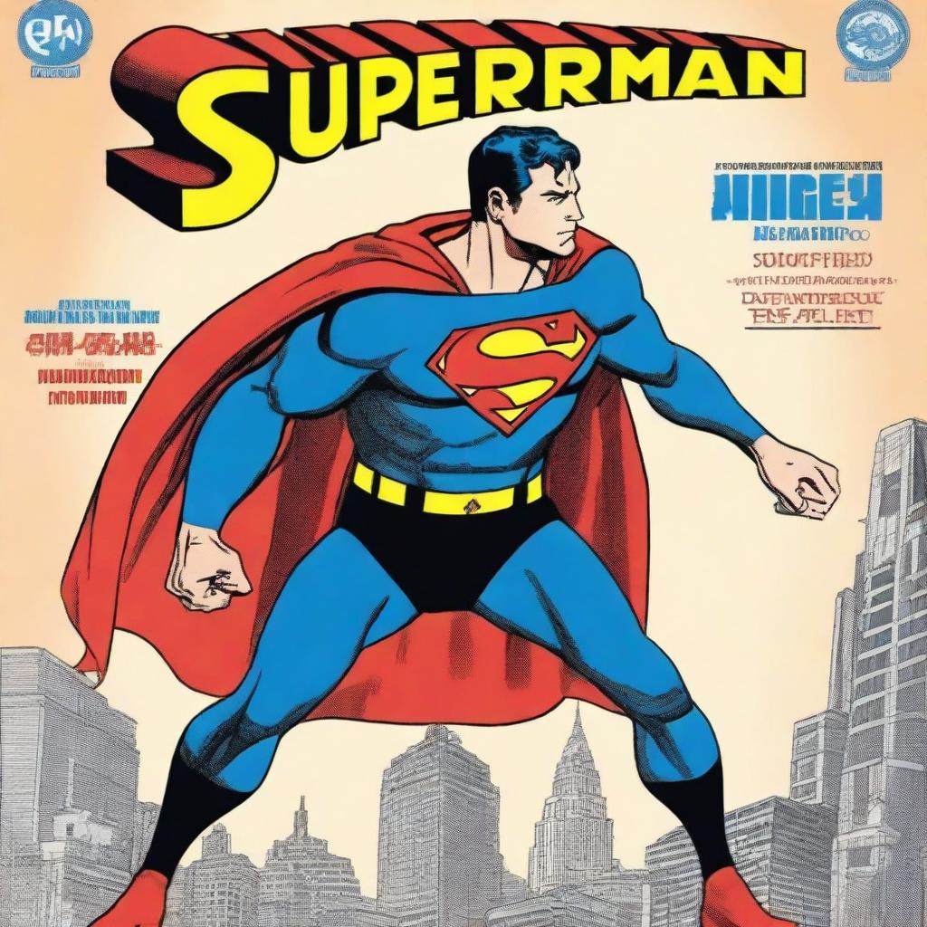 Uma capa de história em quadrinhos de alta qualidade apresenta um garoto vestido de superman em pose heroica