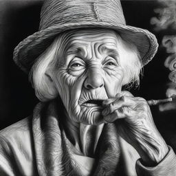 A black and white pencil drawing that masterfully captures an old woman smoking a pipe