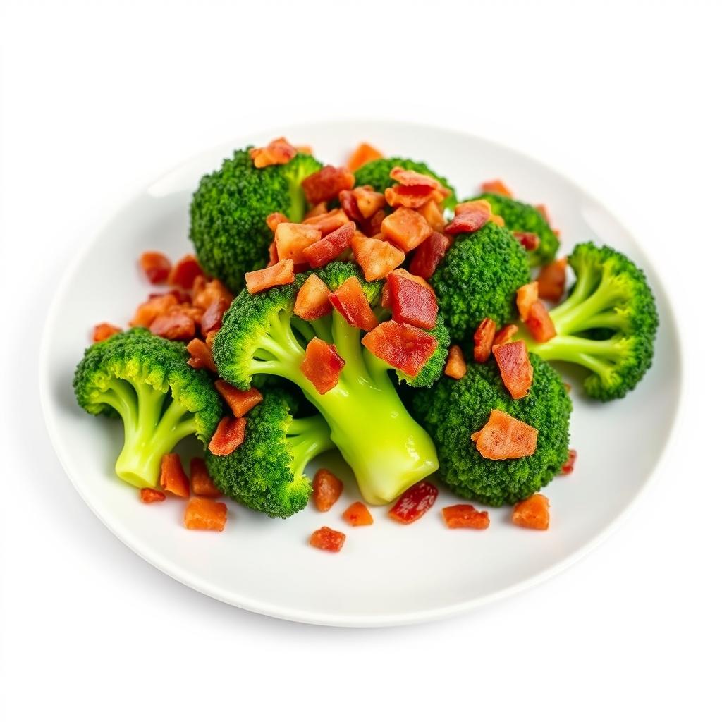 A vibrant and appetizing still life image of buttered broccoli served on a white plate, generously sprinkled with crispy bacon bits, all set against a clean and bright white background