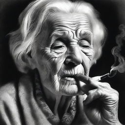 A black and white pencil drawing that masterfully captures an old woman smoking a pipe