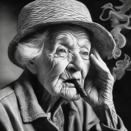 A black and white pencil drawing that masterfully captures an old woman smoking a pipe