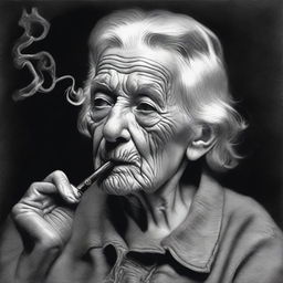 A black and white pencil drawing that masterfully captures an old woman smoking a pipe