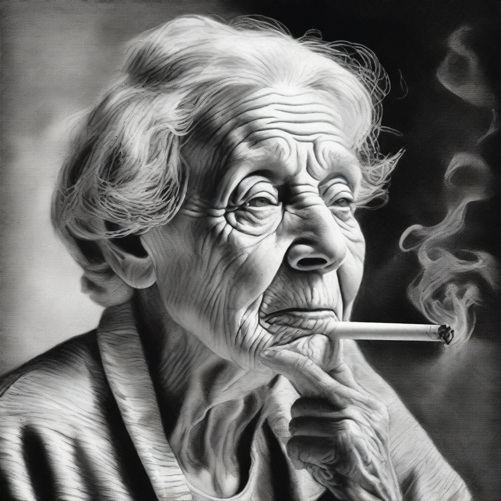 A black and white pencil drawing that beautifully illustrates an old woman in the act of smoking