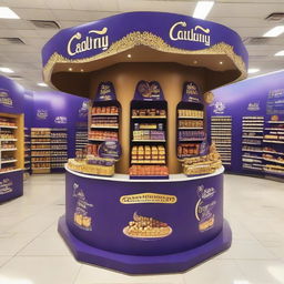 An elegantly adorned Cadbury chocolate stand at a supermarket with Ramadan-inspired motifs. This curvy, Islamic-shaped stand showcases shelves of delectable treats bathed in warm light and adorned with Ramadan lanterns, setting up a festive atmosphere.