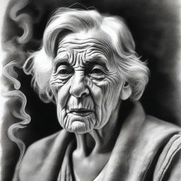 A black and white pencil drawing that beautifully illustrates an old woman in the act of smoking