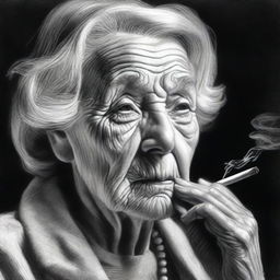 A black and white pencil drawing that beautifully illustrates an old woman in the act of smoking