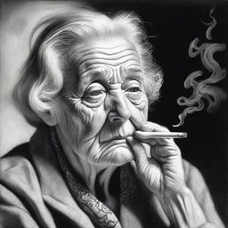 A black and white pencil drawing that beautifully illustrates an old woman in the act of smoking