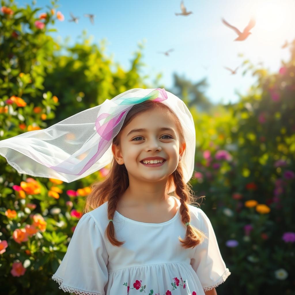 A happy girl wearing a beautiful, colorful veil, standing joyfully in a lush, vibrant natural setting
