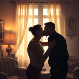 A sensual and intimate scene featuring two adults sharing a passionate kiss in a softly lit room