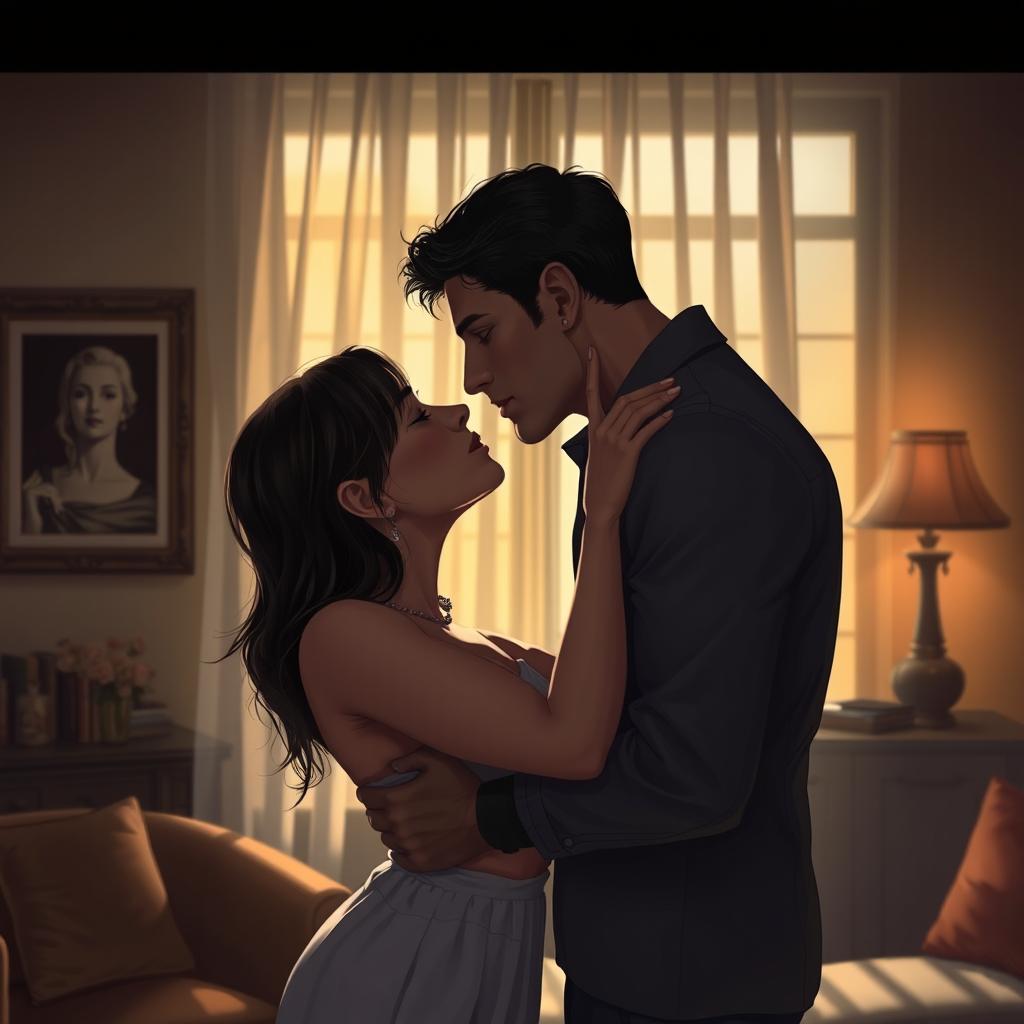 A sensual and intimate scene featuring two adults sharing a passionate kiss in a softly lit room