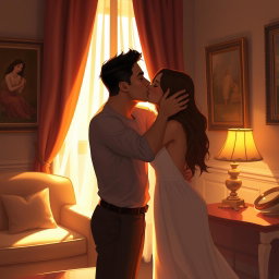 A sensual and intimate scene featuring two adults sharing a passionate kiss in a softly lit room