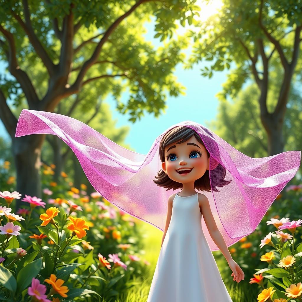 A 3D representation of a happy girl wearing a vibrant, shimmering veil, joyfully standing in a detailed natural environment