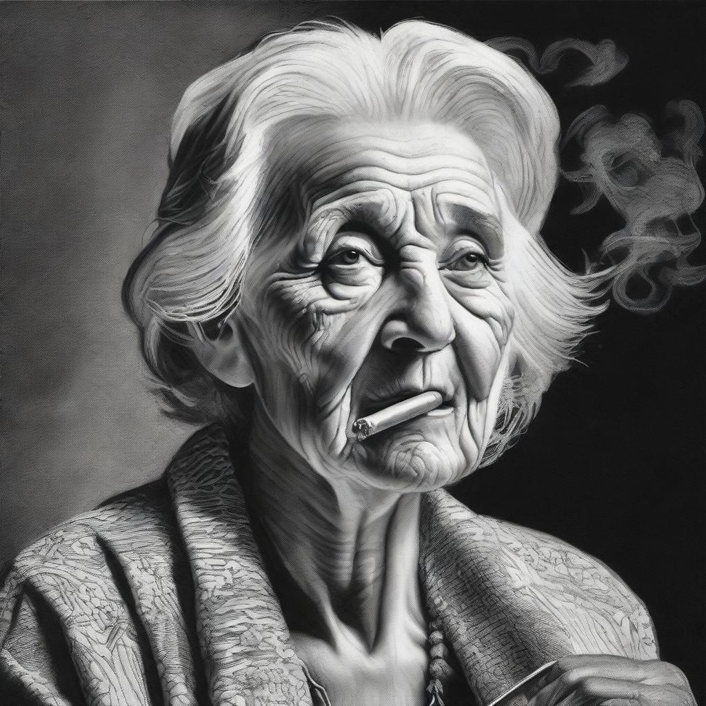 A striking black and white pencil drawing that portrays a confident, powerful old woman smoking