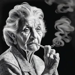 A striking black and white pencil drawing that portrays a confident, powerful old woman smoking