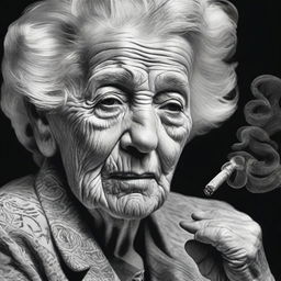 A striking black and white pencil drawing that portrays a confident, powerful old woman smoking