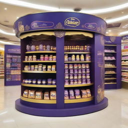 An elegantly adorned Cadbury chocolate stand at a supermarket with Ramadan-inspired motifs. This curvy, Islamic-shaped stand showcases shelves of delectable treats bathed in warm light and adorned with Ramadan lanterns, setting up a festive atmosphere.