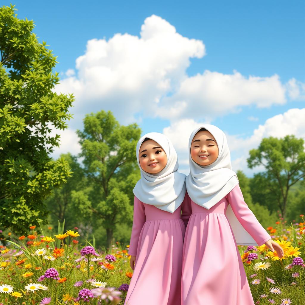 A 3D scene featuring two Muslim girls wearing white hijabs and cheerful pink dresses, standing happily in a vibrant, picturesque natural environment