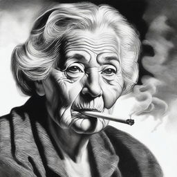 A striking black and white pencil drawing that portrays a confident, powerful old woman smoking