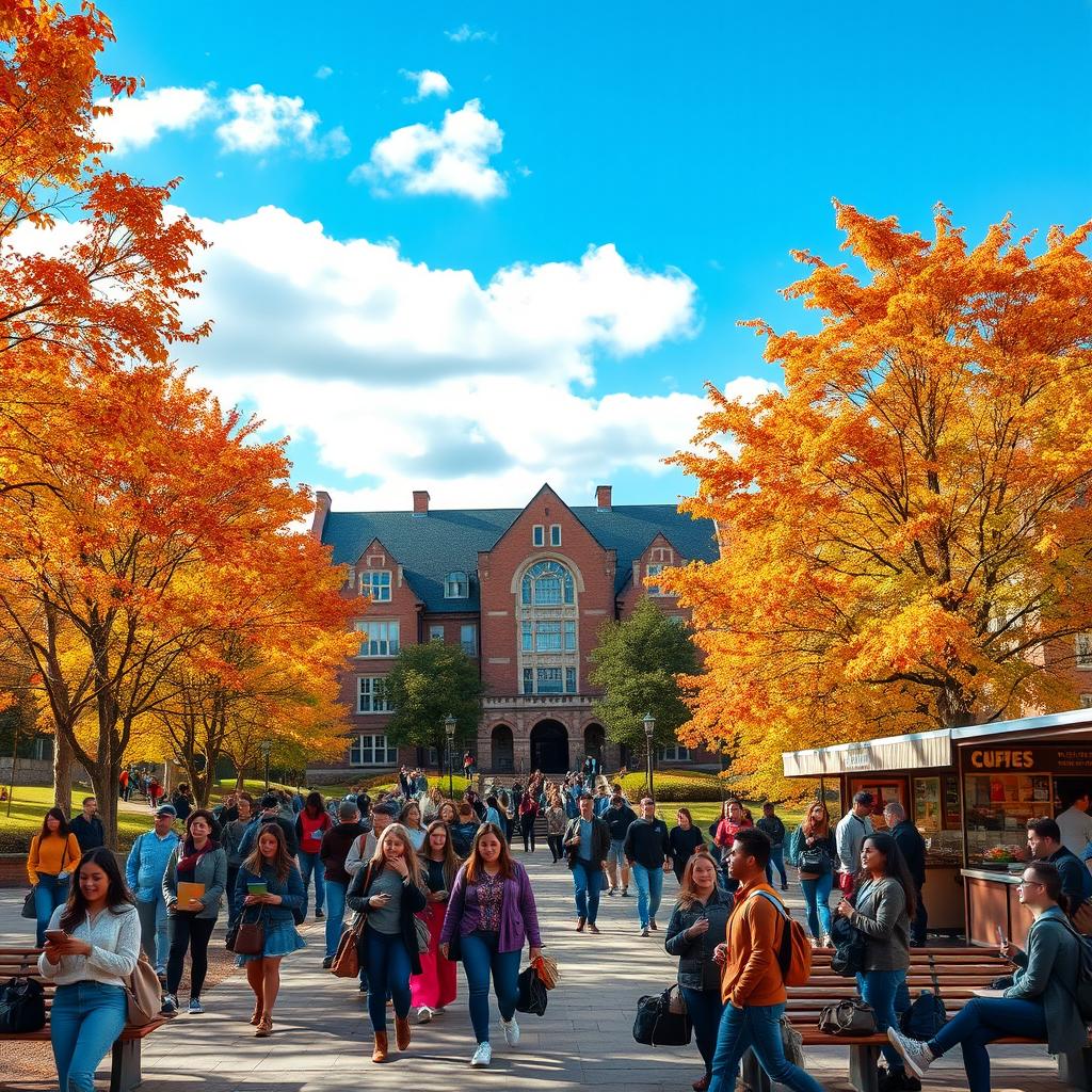 A bustling university campus during autumn, with students walking between classes
