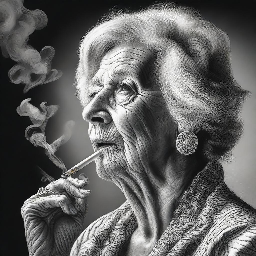 This is a black and white pencil drawing of a confident, powerful old woman smoking