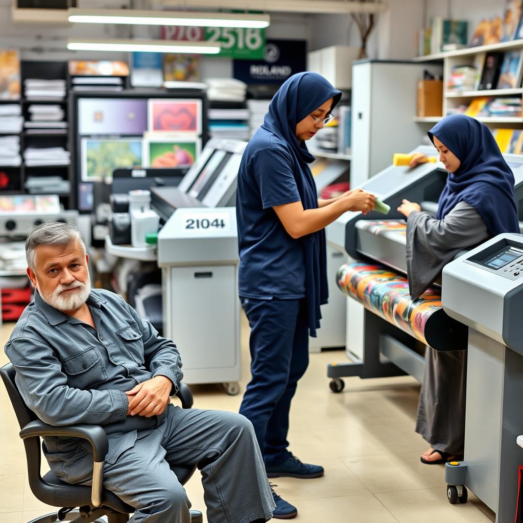 Three people working in a print shop