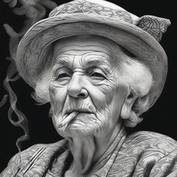 This is a black and white pencil drawing of a confident, powerful old woman smoking