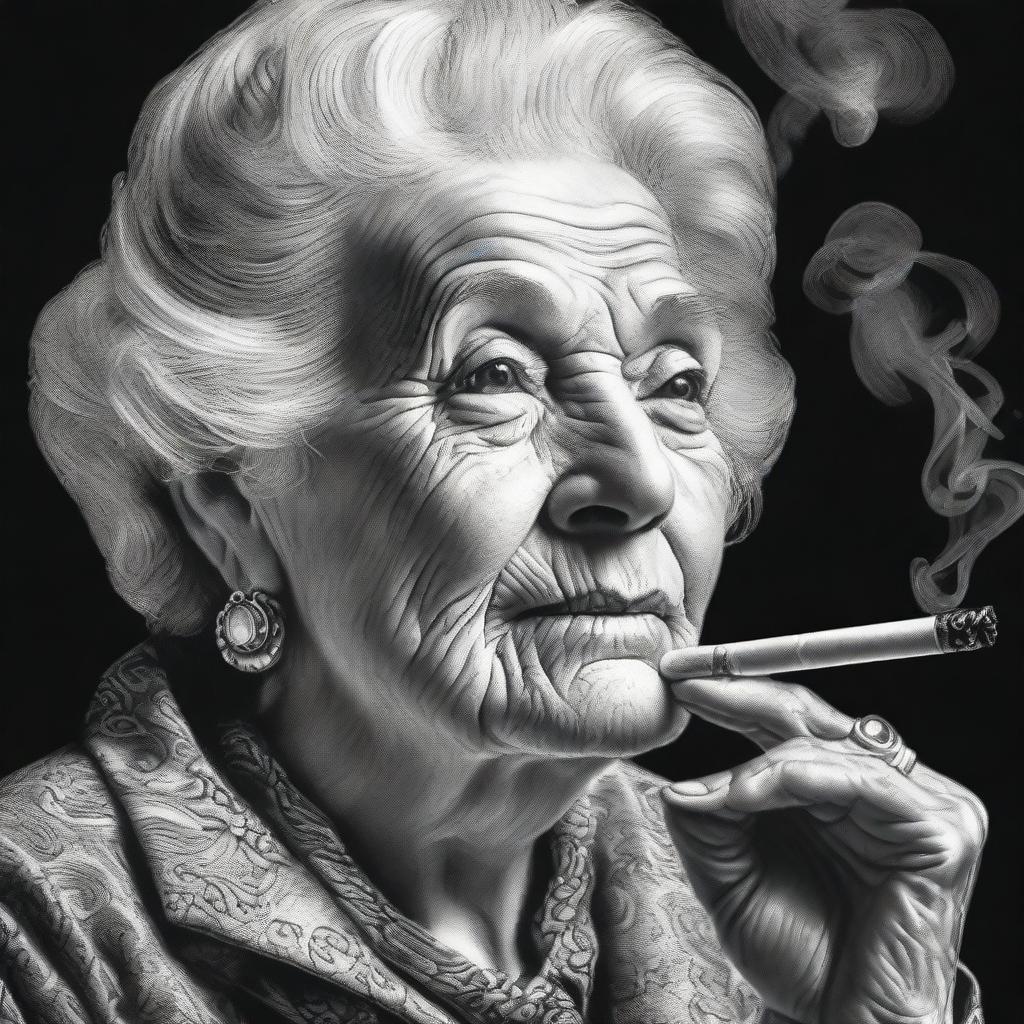 This is a black and white pencil drawing of a confident, powerful old woman smoking