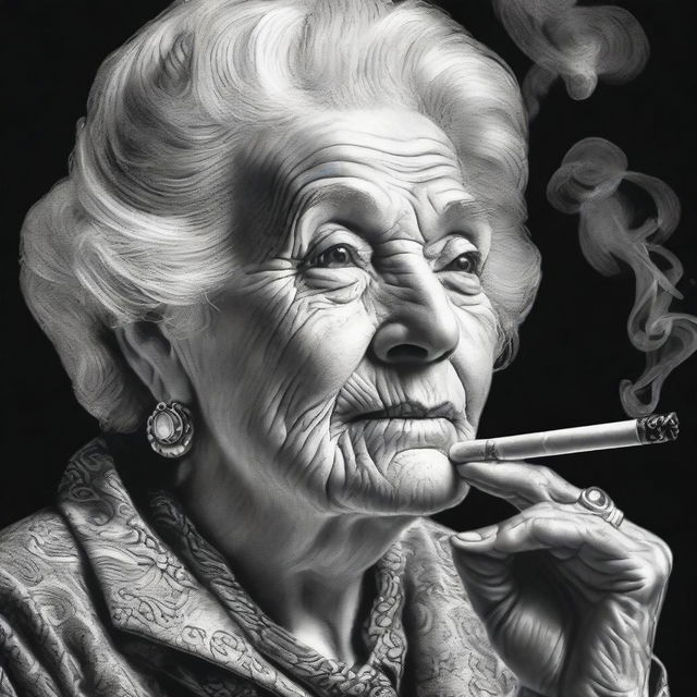 This is a black and white pencil drawing of a confident, powerful old woman smoking