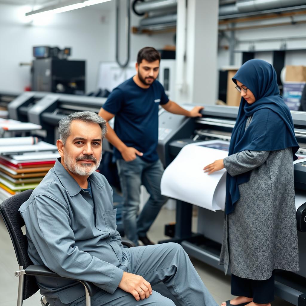 Three individuals working in a printing house